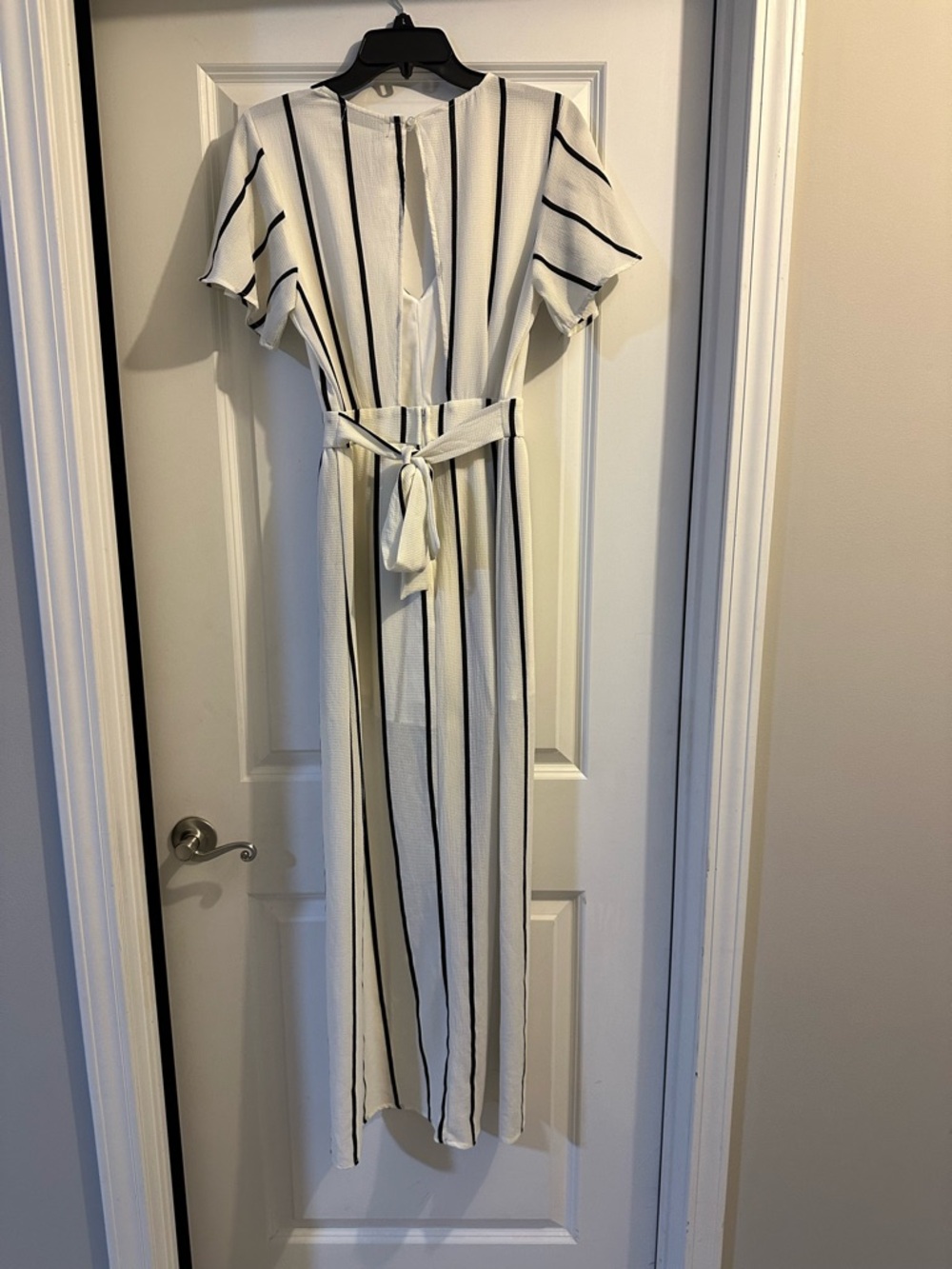 Striped White & Black Short-Sleeve Jumpsuit with Waist Tie